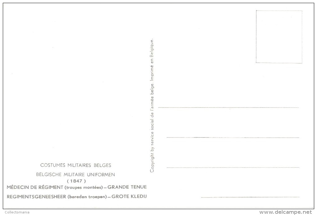 21 cartes postales ARMEE Belge COSTUMES 15cmX10cm J. DEMART  ill. 1950 UNIFORMES MILITAIRES tres bonne état PHOBEL Brux.