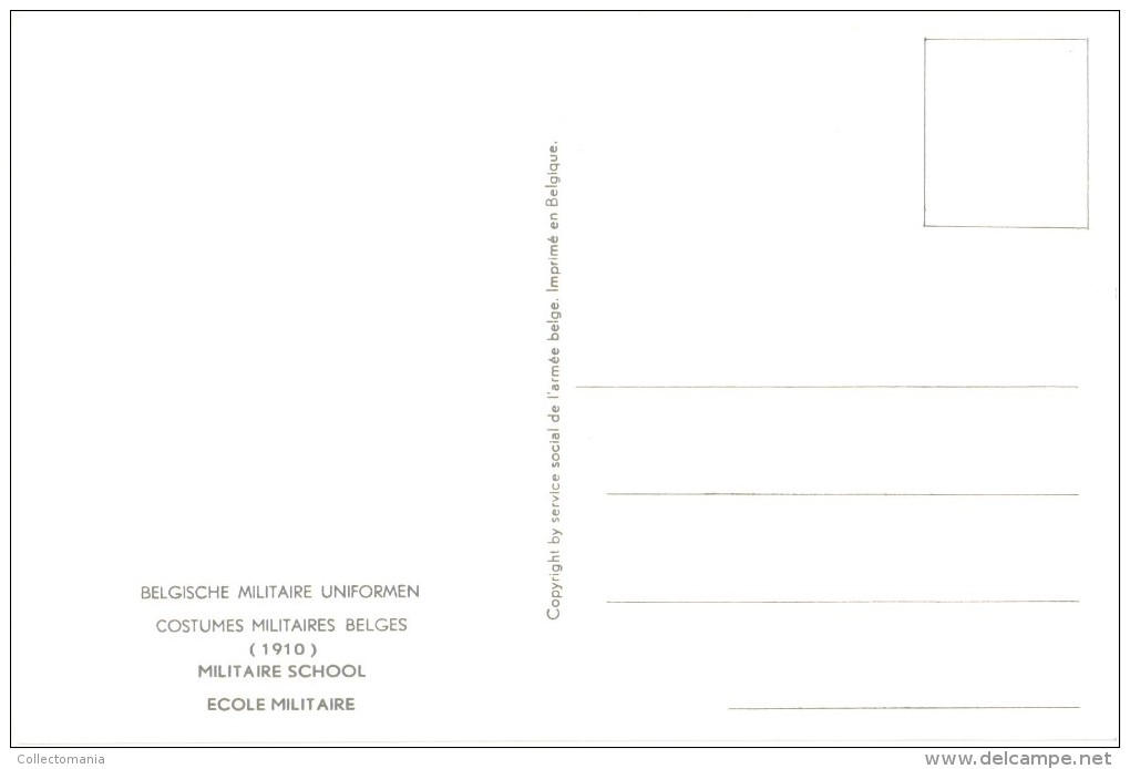 21 cartes postales ARMEE Belge COSTUMES 15cmX10cm J. DEMART  ill. 1950 UNIFORMES MILITAIRES tres bonne état PHOBEL Brux.
