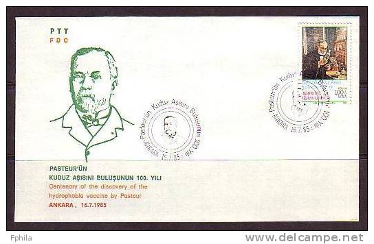 1985 TURKEY CENTENARY OF THE DISCOVERY OF THE HYDROPHOBIA VACCINE BY PASTEUR FDC - Louis Pasteur
