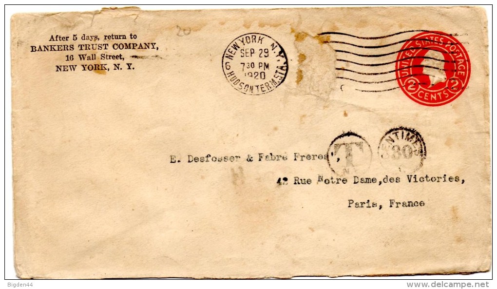 Lettre Taxée 30 Cent. De New York Hudson Term. (29.09.1920) Pour Paris_missing Stamp - 1901-20