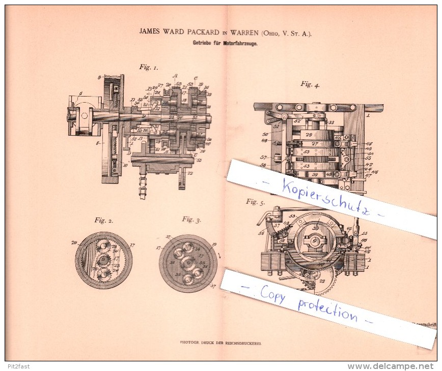 Original Patent   - J. Ward Packard In Warren , Ohio , V. St. A. , 1901 , Getriebe Für Motorfahrzeuge !!! - KFZ