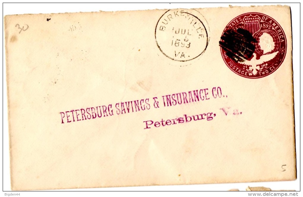 Lettre De BURKEVILLE(25.07.1893) To Petersburch VA Rec'd_back Cancel. - ...-1900