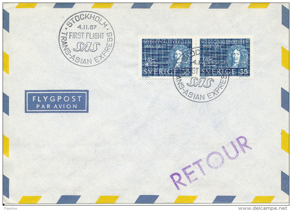 Sweden Air Mail Cover First SAS DC-8 Flight  4-11-1967 Trans Asian Express - Lettres & Documents