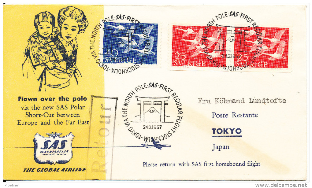 Sweden First SAS Regular Flight Stockholm - Tokyo Via The North Pole 24-2-1957 - Covers & Documents