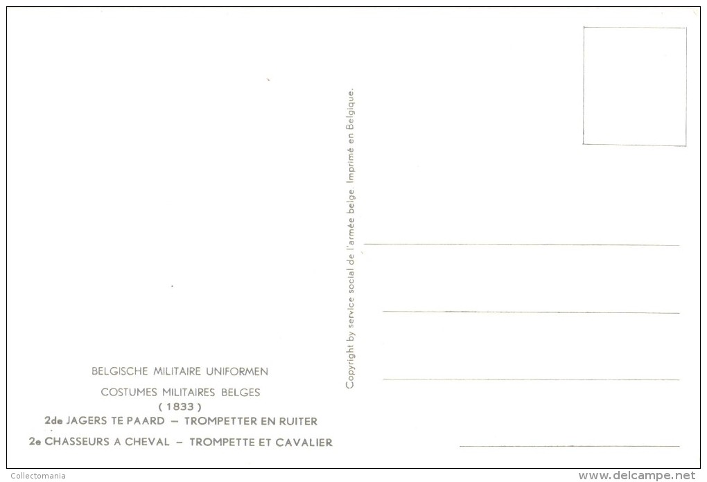 17 cartes postales ARMEE Belge COSTUMES 15cmX10cm J. DEMART  ill. 1950 UNIFORMES MILITAIRES tres bonne état PHOBEL Brux.