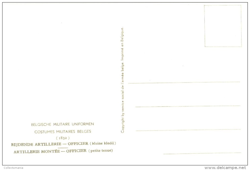 17 cartes postales ARMEE Belge COSTUMES 15cmX10cm J. DEMART  ill. 1950 UNIFORMES MILITAIRES tres bonne état PHOBEL Brux.