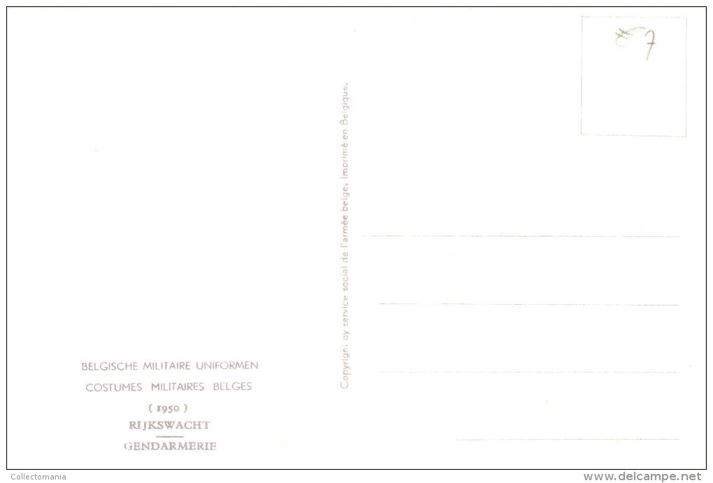 17 cartes postales ARMEE Belge COSTUMES 15cmX10cm J. DEMART  ill. 1950 UNIFORMES MILITAIRES tres bonne état PHOBEL Brux.