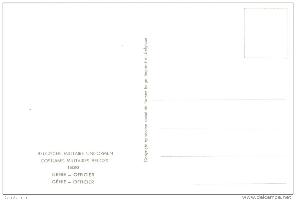 17 cartes postales ARMEE Belge COSTUMES 15cmX10cm J. DEMART  ill. 1950 UNIFORMES MILITAIRES tres bonne état PHOBEL Brux.