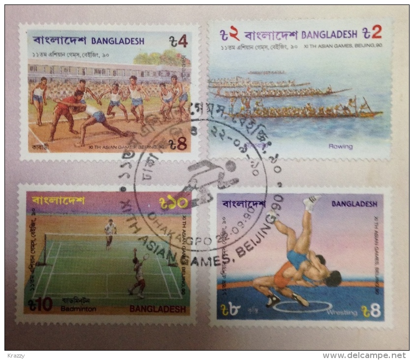 Bangladesh 1990 China Beijing Games FDC Cover Rowing Wrestling Badminton Kabadi Sports - Bangladesh