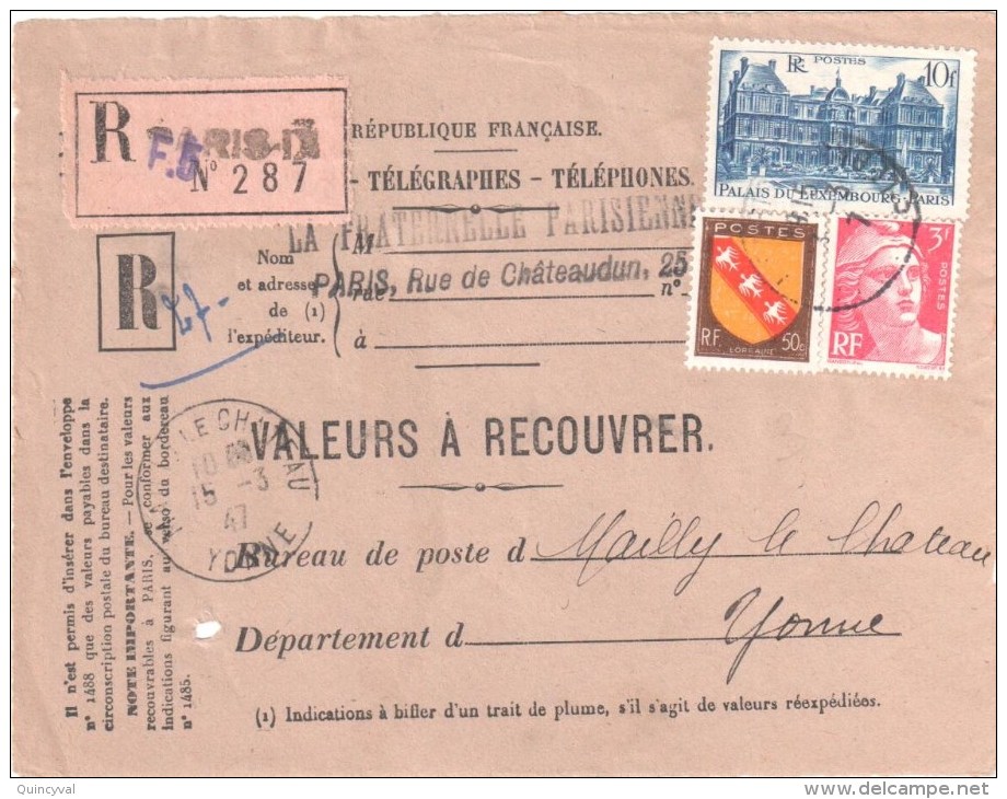 3022 Valeurs à Recouvrer N° 1488 Tarif 1 3 47 129 Jours Luxembourg 3F Gandon Lorraine Yv 716 760 757 Dest Mailly Yonne - Covers & Documents