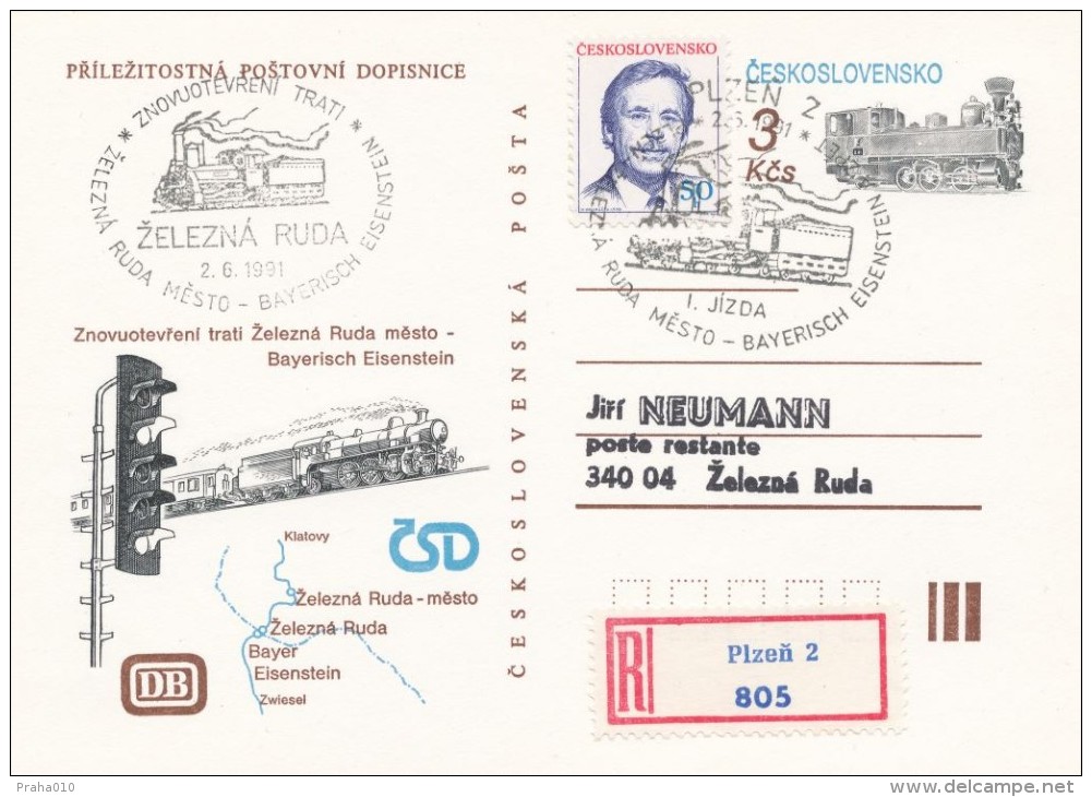I0096 - Czechoslovakia (1991) Postal Stationery: Reopening The Railway Line, Spec. Transport. (01) Plzen 2 - Zel. Ruda - Cartes Postales