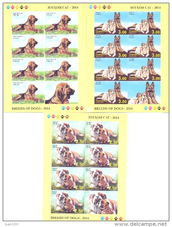 2014. Tajikistan, Breeds Of Dogs, 3 Sheetlets Of 7v + Label,   IMPERFORATED,  Mint/** - Tadzjikistan