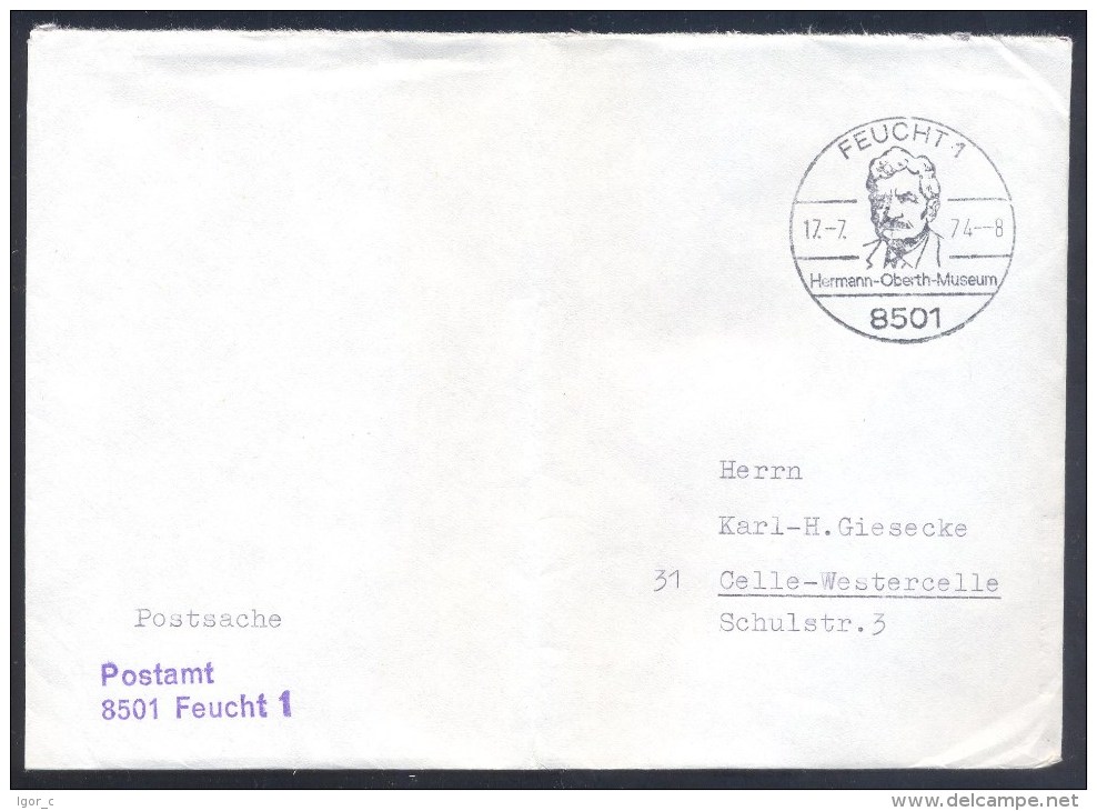 Germany Deutschland 1974 Cover; Astronomy, Raumfahrt; Space Flights; Herman Oberth Museum Feucht; Postsache Folded - Europa