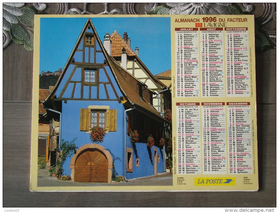 Calendrier ALMANACH Du Facteur PTT LA POSTE - 1996 - Maisons D'Alsace - LAVIGNE - Aisne 02 - Très Bon état - Formato Piccolo : 1991-00