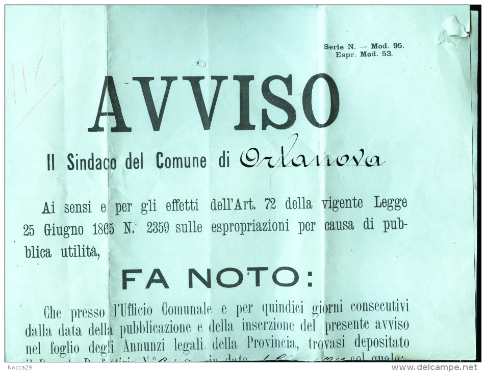 1910 ORTA NOVA-FOGGIA - AVVISO PER IL RADDOPPIO DELLA LINEA FERROVIARIA FOGGIA BRINDISI. FIRMA DEL SINDACO (STAMP15) - Chemin De Fer