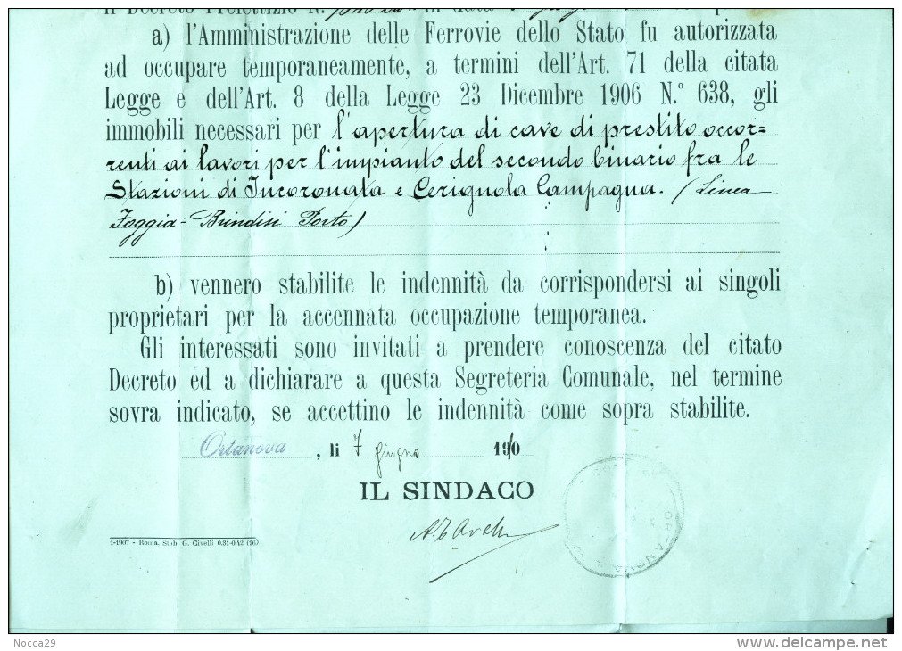 1910 ORTA NOVA-FOGGIA - AVVISO PER IL RADDOPPIO DELLA LINEA FERROVIARIA FOGGIA BRINDISI. FIRMA DEL SINDACO (STAMP15) - Eisenbahnverkehr