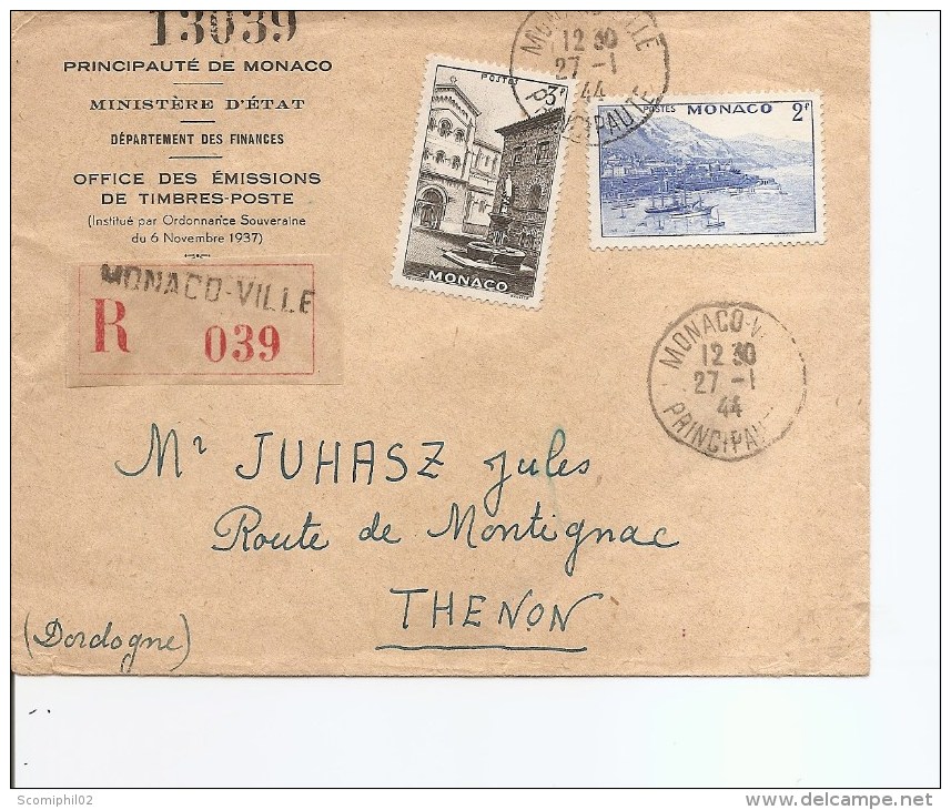 Monaco ( Lettre Recommandée De 1944 De Monaco Vers La France à Voir) - Storia Postale