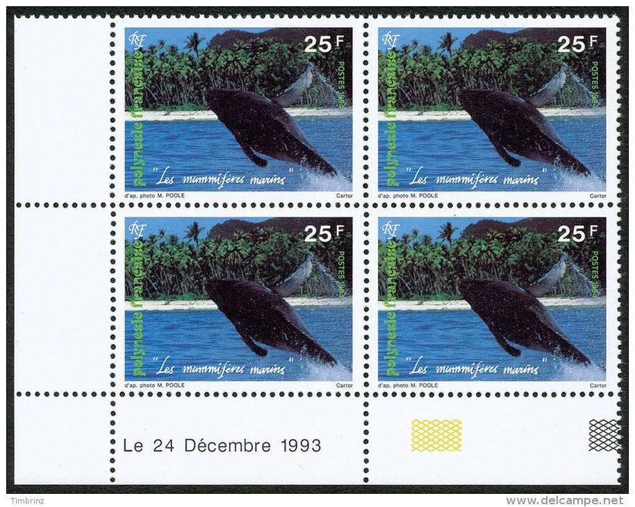 POLYNESIE 1994 - Yv. 450 ** SUP Bloc De 4 Coin Daté  Cote= 5,00 EUR - Baleines ..Réf.POL21852 - Ungebraucht