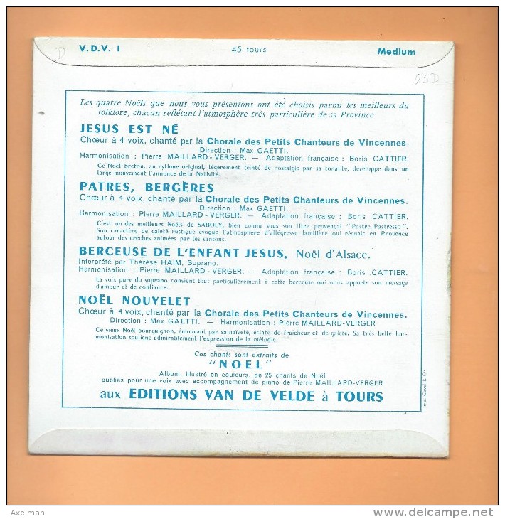45 T VAN DE VELDE: 4 Titres Chants De Noël Par " Les Petits Chanteurs De Vincennes ", - Weihnachtslieder