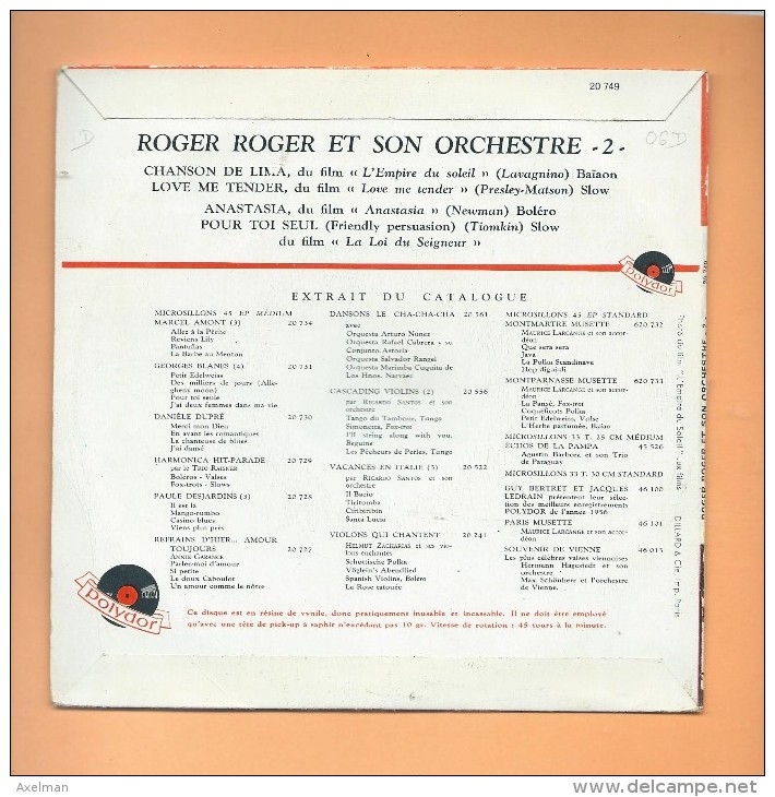 45 T POLYDOR: 4 Titres , Roger Roger Et Son Orchestre, Chanson De Lima, Love Me Tender, Anastasia, Pour Toi Seul. - Instrumental