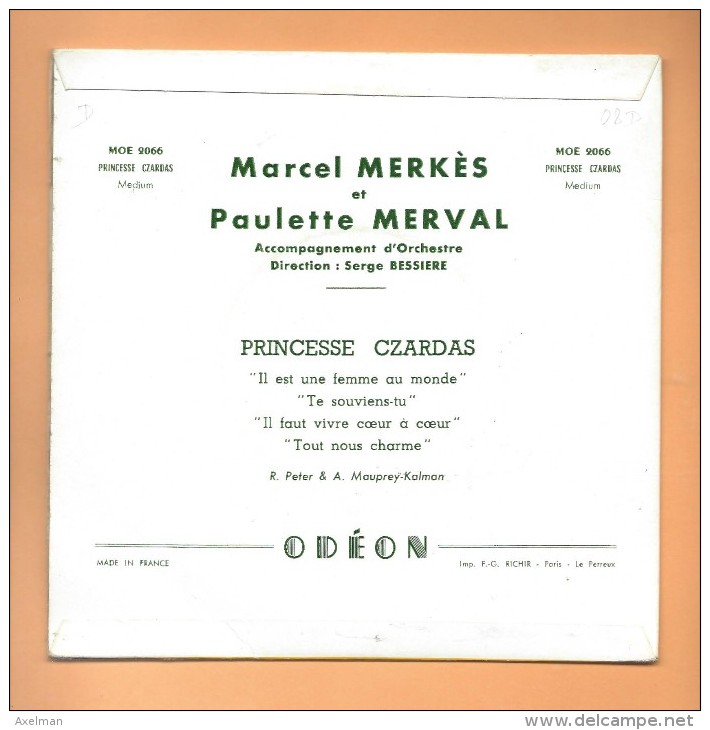 45 T ODEON: 4 Titres, Marcel Merkes Et Paulette Merval, Princesse Czardas - Opera / Operette