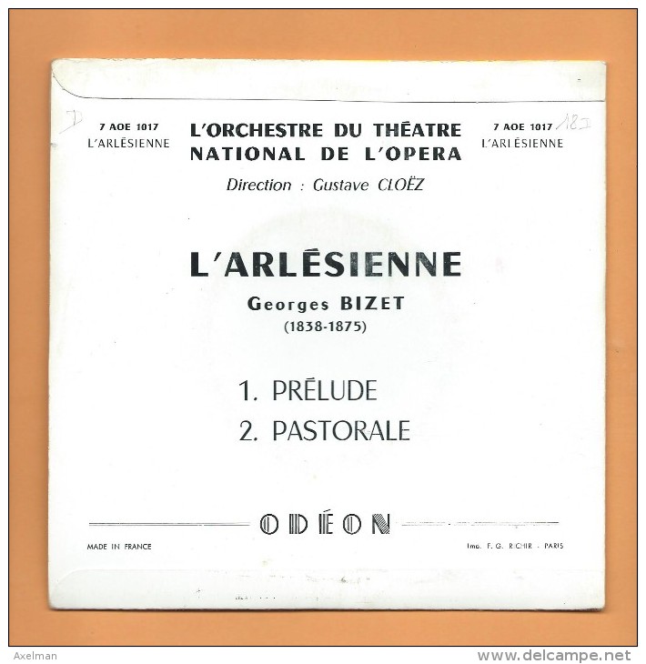 45 T ODEON: L' Arlesienne De Bizet , Orchestre Du Théatre National De L' Opera - Classique