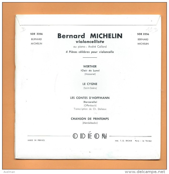 45 T ODEON: 4 Titres Par Bernard Michelin Violoncelliste - Clásica