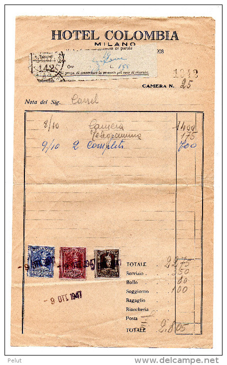 Facture 1947 Hotel COLOMBIA+ 3 Fiscaux - Italie