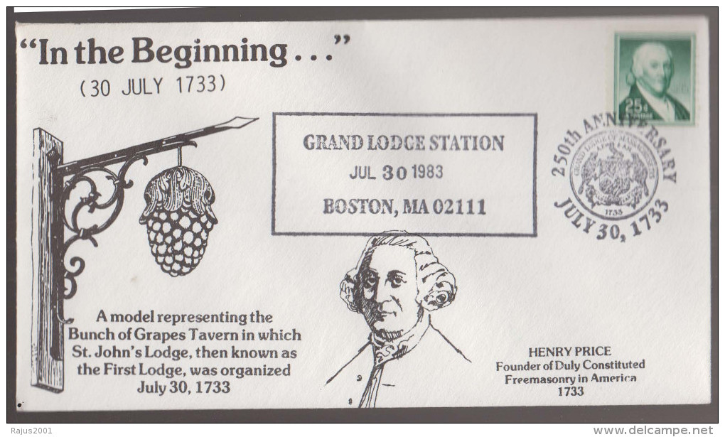 Henry Price , First Grand Master St. John´s Lodge, First Lodge Was Organised 1733,  Bunch Of Grapes Travern Freemasonry - Massoneria