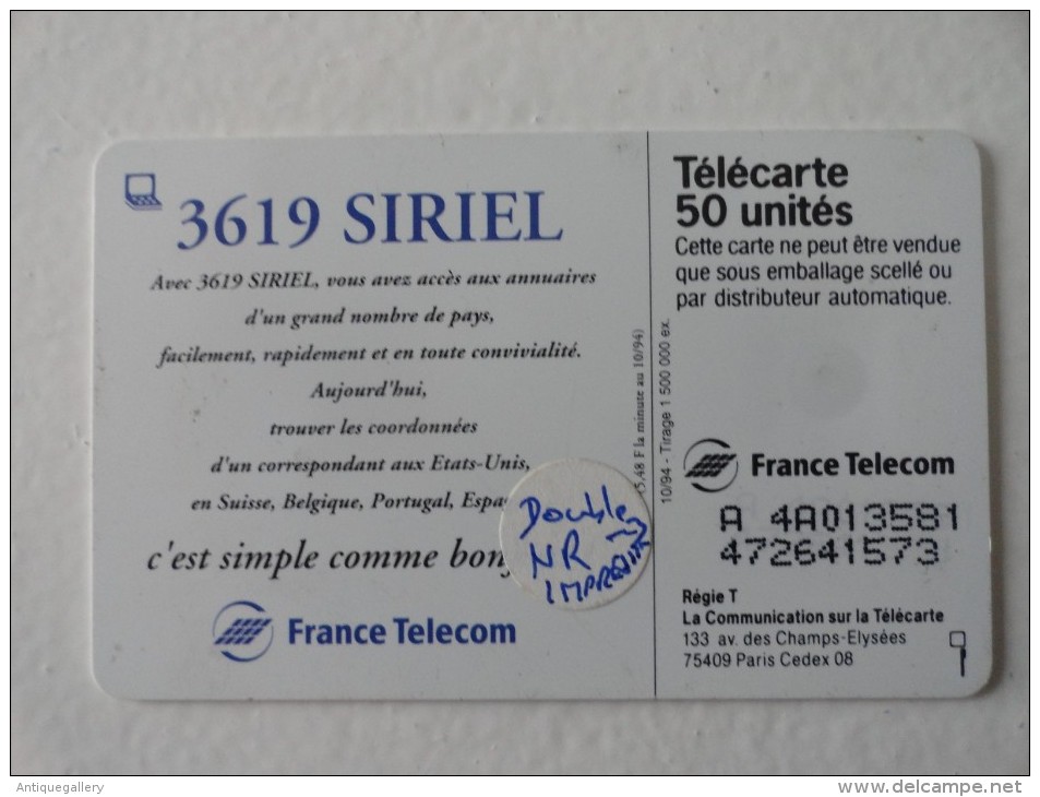 RARE : DOUBLE NUMEROTATION ET IMPRESSION SUR 3619 SIRIEL 50U - Variétés