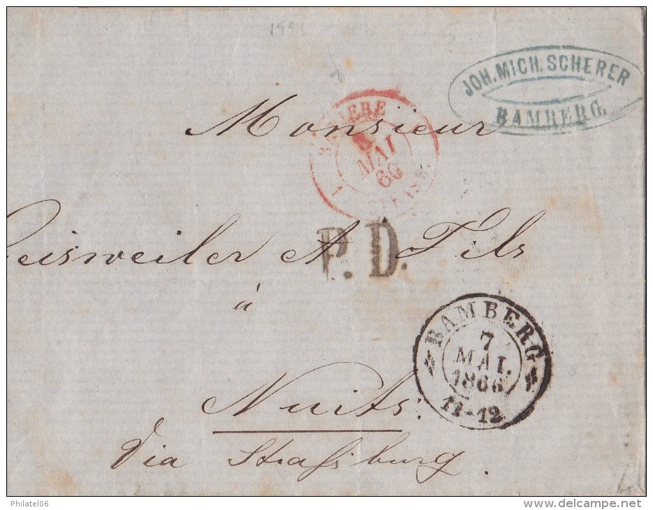 TOUR ET TAXI  LETTRE SANS CORRESPONDANCE ET MARQUE D'ENTREE  1866  CACHET D'ARRIVEE - Briefe U. Dokumente