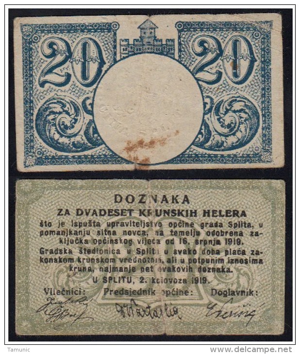 CROATIA SPLIT SPALATO 20 Helera 1919 - RARE - Croatie