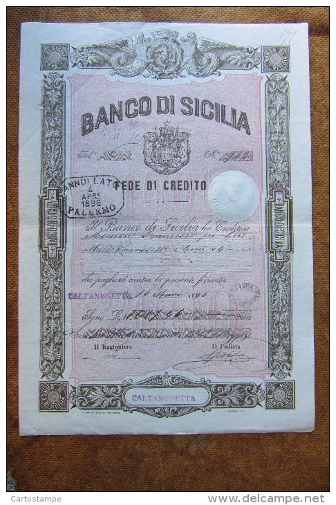 FEDE DI CREDITO_BANCO DI SICILIA_BANCONOTA_TRINACRIA_CALTANISSETTA SICILIA SICILY SICILIE SIZILIEN SICILE_ ITALY_1896 - Other & Unclassified