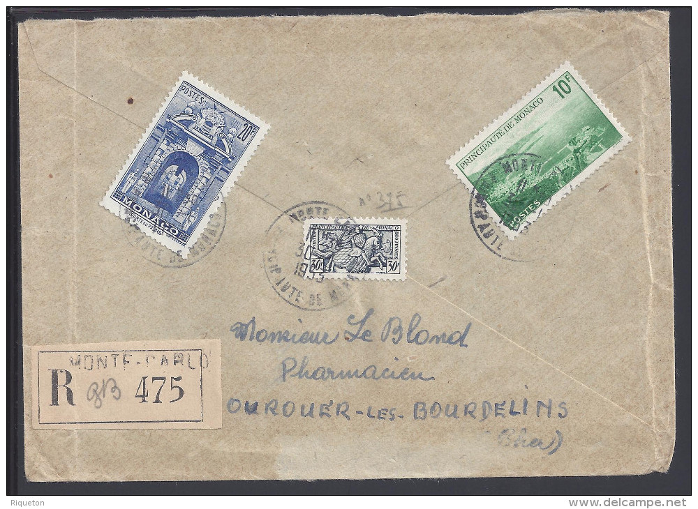 MONACO - 1953 -  LETTRE RECOMMANDEE DE MONTE-CARLO A DESTINATION DE OUROUER-LES-BOURDELINS - FR - - Lettres & Documents