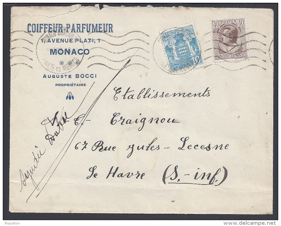 MONACO - 1932 -  " COIFFEUR-PARFUMEUR  AUGUSTE BOCCI "  LETTRE DE MONACO POUR LE HAVRE - - Lettres & Documents