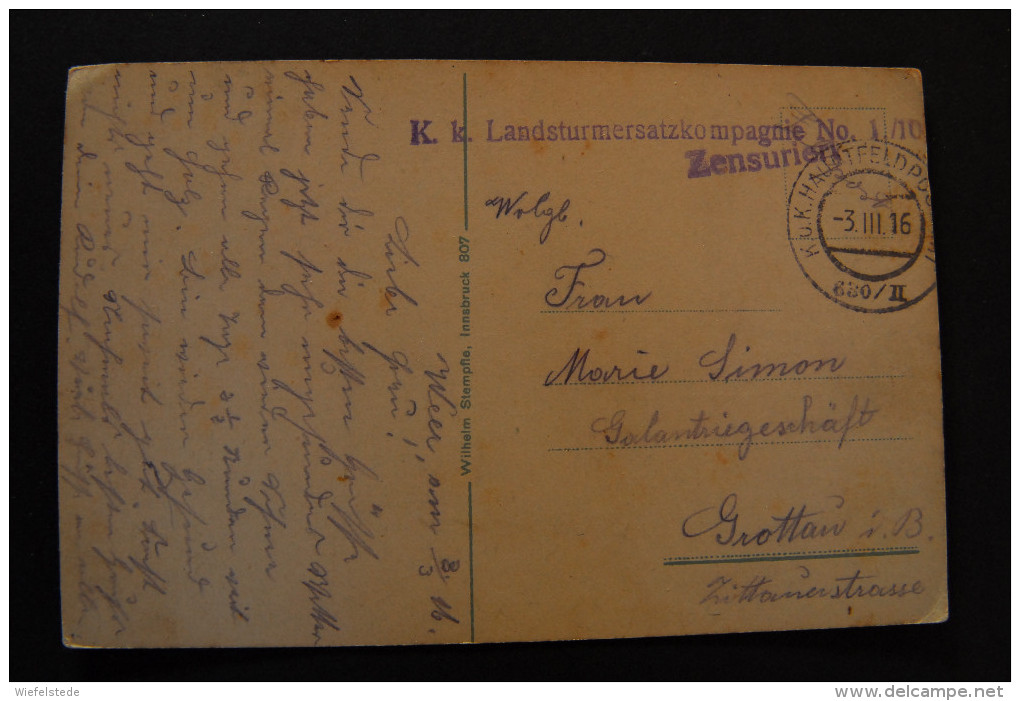 A178 WATTENS K. K. Landsturmersatzkompagnie No. 1/10 - Zensuriert - 3.III.1916 Nach Grottau - Wattens