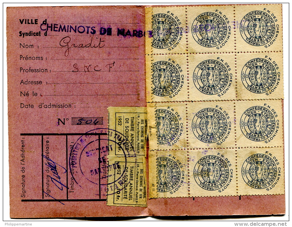 Carte Adhérent C.G.T. 1952 - Fédération Nationale Des Travailleurs, Cadres Et Techniciens Des Chemins De Fer Français - Lidmaatschapskaarten