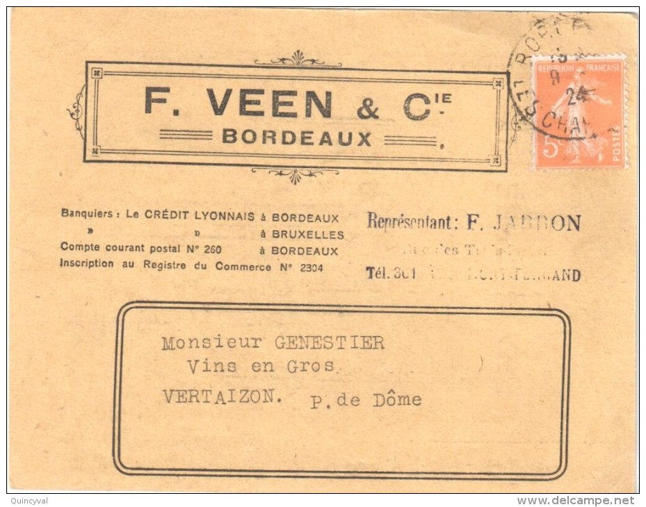 3058 BORDEAUX Carte Postale Commerciale Tarifs De Vins De Bordeaux De 1922 Ste VEEN & Cie 5c Orange Yv 158 Ob 1924 - Lettres & Documents