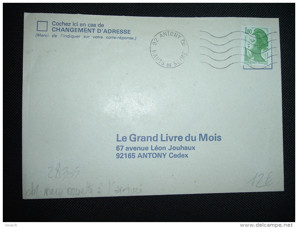 LETTRE TP LIBERTE DE GANDON 1,80F OBLITERATION MECANIQUE MUETTE A L'ARRIVEE 92 ANTONY PPAL - 1982-1990 Liberty Of Gandon