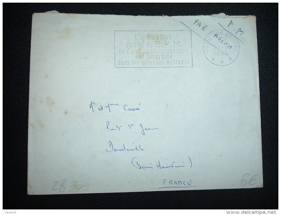 LETTRE EN FM OBL.MEC. 27-4-1964 POSTE AUX ARMEES + CACHET VIOLET BPM SP 87.972 Le Vaguemestre - Militärstempel Ab 1900 (ausser Kriegszeiten)