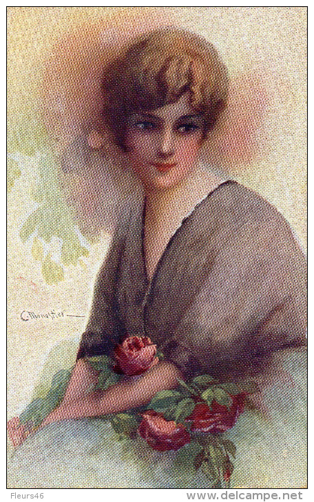 Illustrée Signée C. MONESTIER : Femme à La Rose Rouge - Monestier, C.