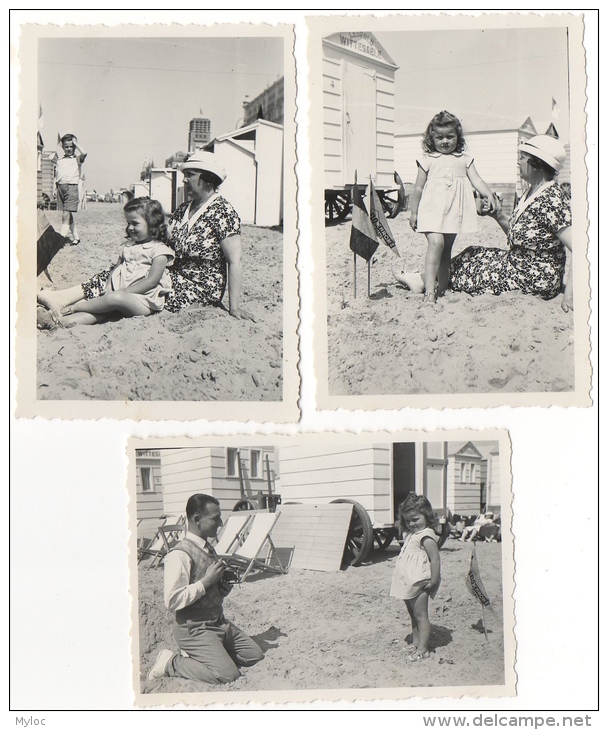 Foto/Photo. Scène De Plage. Parents &amp; Fillette Devant Cabine.  A Situer. 1936. Lot De 3 Photos. - Anonyme Personen
