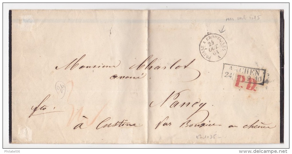 PRUSSE    LETTRE SANS   CORRESPONDANCE   MARQUE D'ENTREE  ET CACHET D'ARRIVEE  1861 - Storia Postale