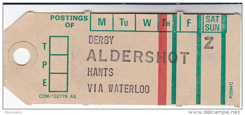 Old GPO MAIL BAG TAG DERBY ALDERSHOT Via WATERLOO Post Office Royal Mail Gb Train Tpo - Trenes