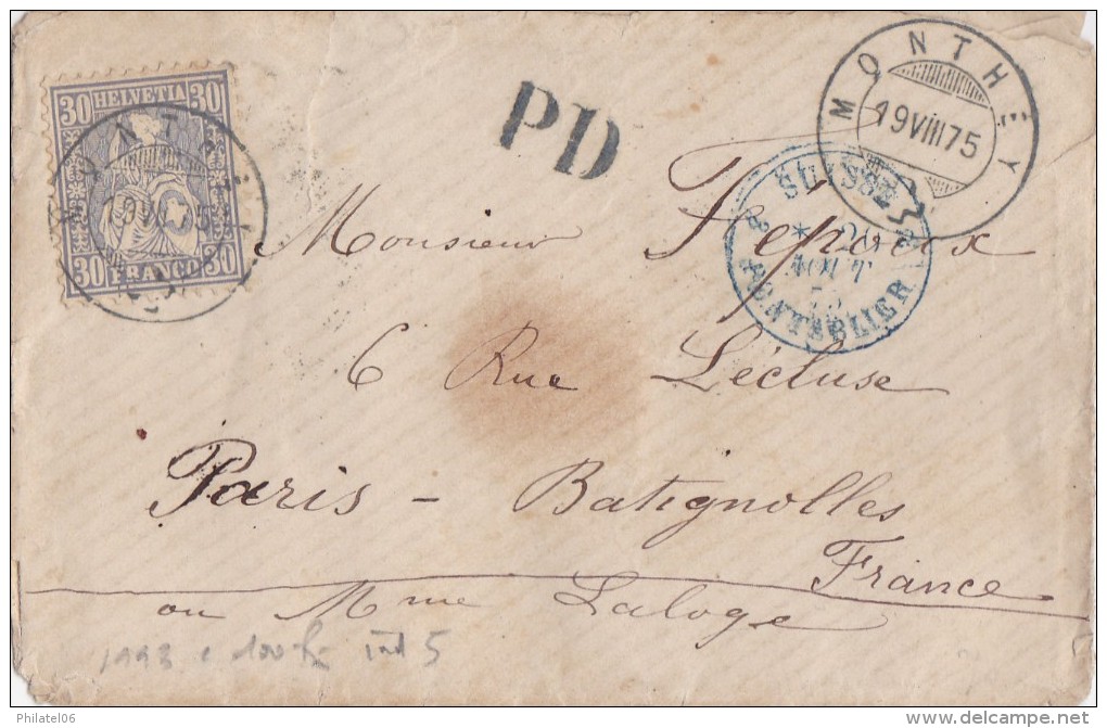 SUISSE   COURRIER POUR LA FRANCE   MARQUE D'ENTREE 1875 - Oblitérés