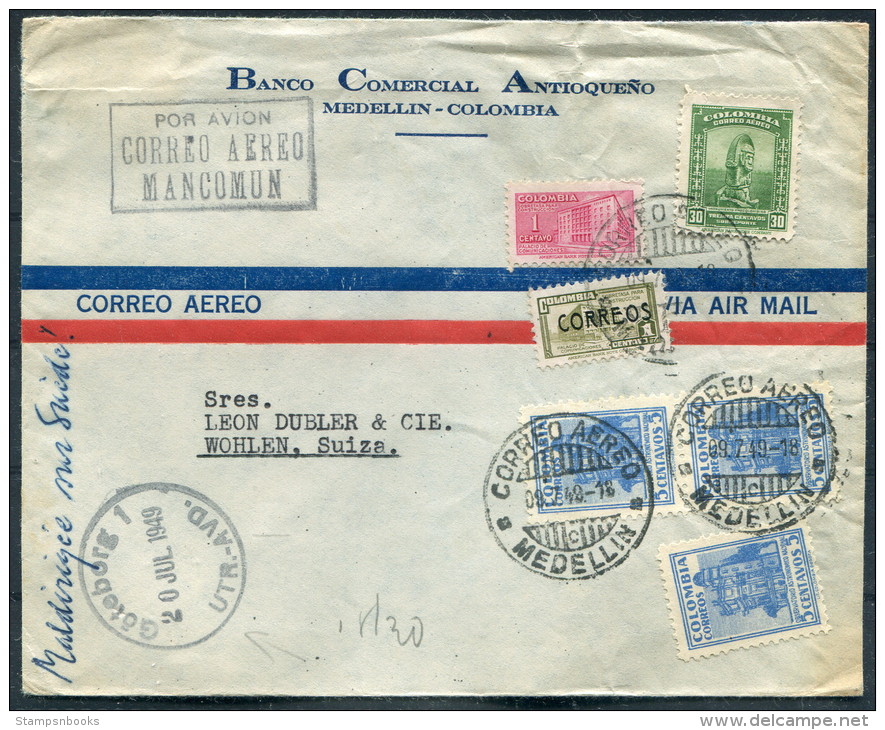 1949 Colombia Banco Comercial Antioqueno Medellin Airmail Bank Cover - Wohlen Switzerland Via Gothenburg Sweden - Colombia