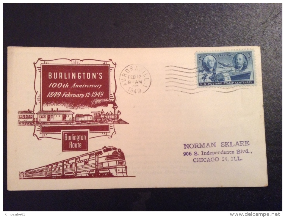 US 1949 FDC - Burlington's 100th Anniversary Railroad Cover - Sonstige & Ohne Zuordnung