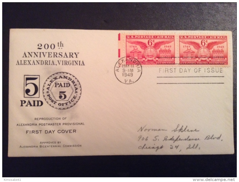 US 1949 FDCs (x5) - 200th Anniversary, Alexandria Virginia Covers - Autres & Non Classés