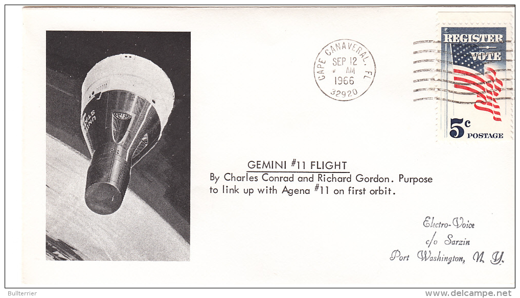 SPACE -  USA - 1966 SPECIAL GEMINI  11  CONRAD &amp; GORDON FLIGHT  COVER WITH  CAPE CANAVERAL POSTMARK - Etats-Unis