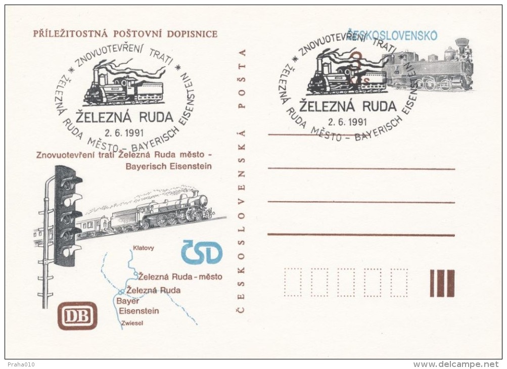 I0098 - Czechoslovakia (1991) Postal Stationery: Reopening The Railway Line, Commemorative Postmarks (01) Zelezna Ruda - Cartes Postales